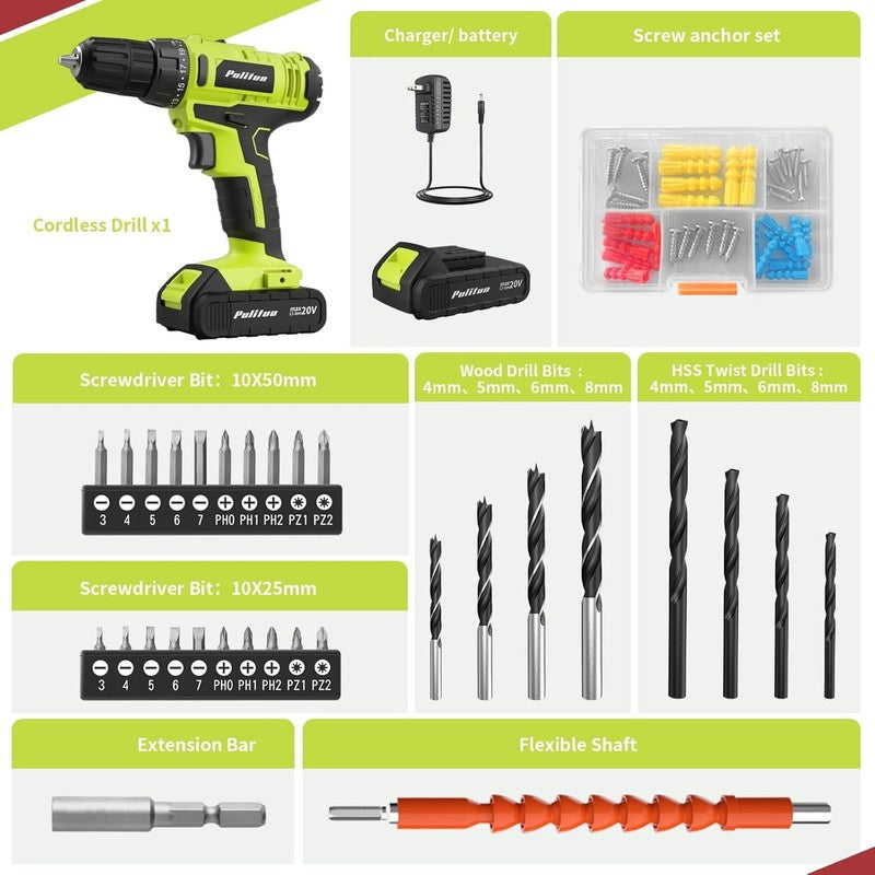 20V Cordless Drill Driver Kit 30Nm 21+1 Torque 2-Speed LED 2 Batteries Green2