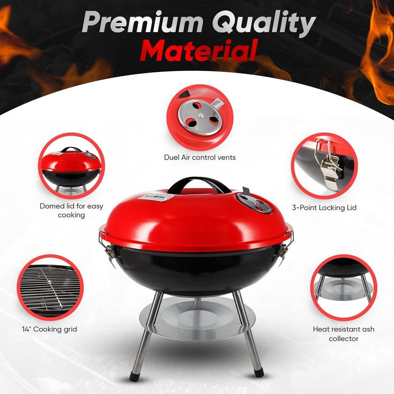 – 14-Inch Portable Barbecue Grill with 3-Point Locking Lid for Heat Preservation3