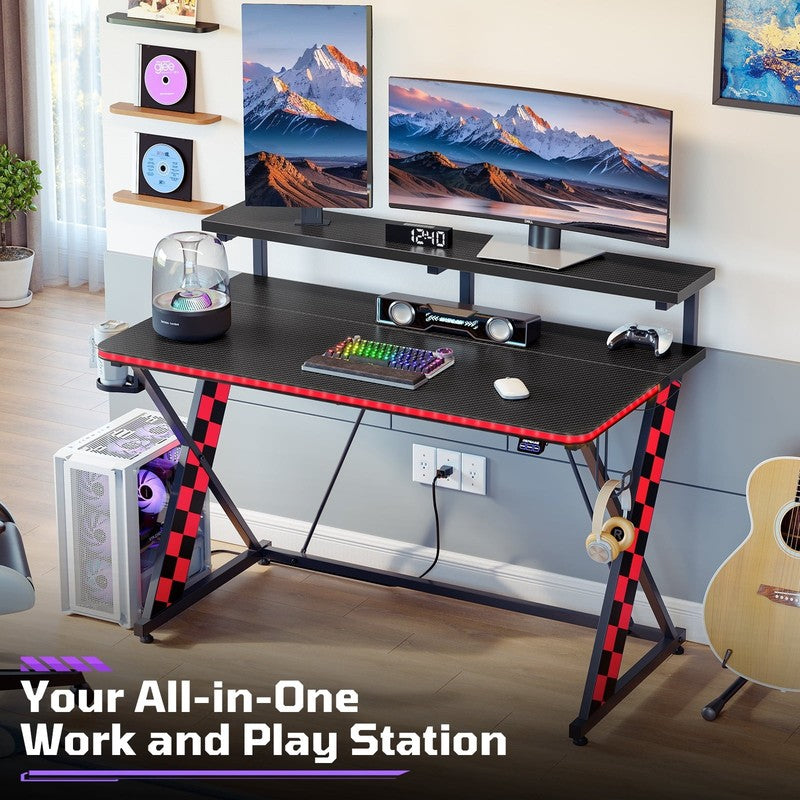 43" X-Shaped Gaming Desk Music Sync LED with Monitor Stand Red Racing2