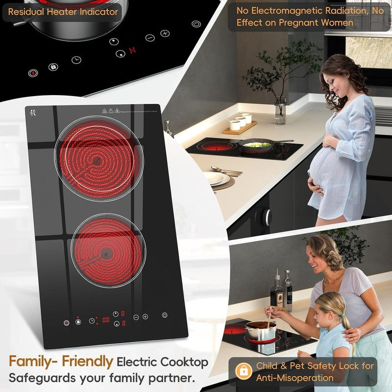 Electric Cooktop 2 Burner, 3200W Radiant Electric Stove Top 240V with Built-In D4