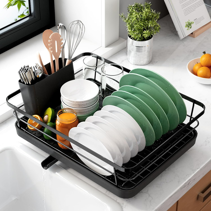 Stainless Steel Dish Drying Rack with Cutlery Holder   Black Kitchen Organizer10