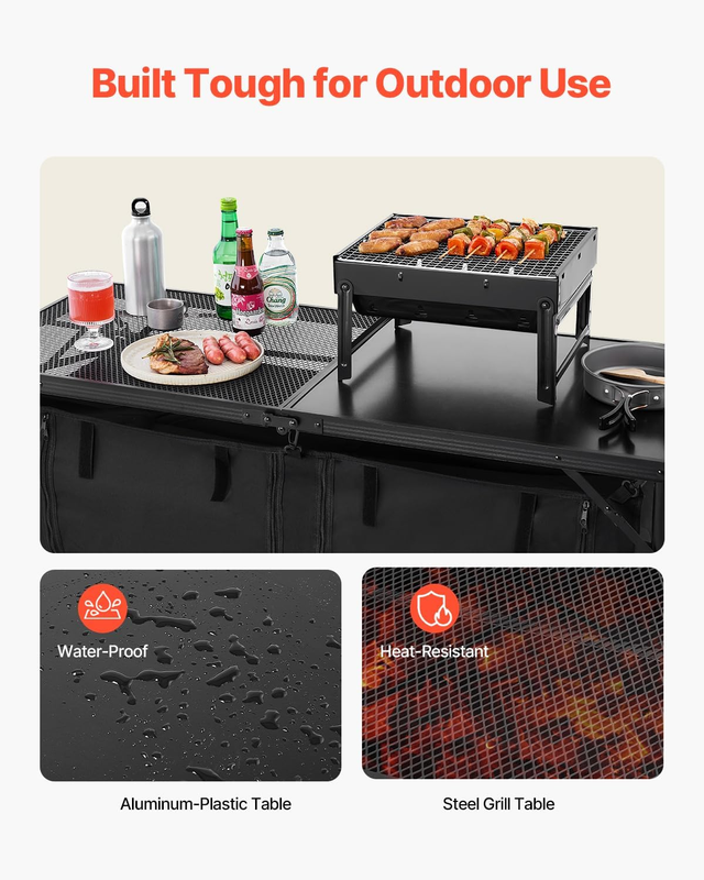 Camping Kitchen Table Folding Adjustable Height Cooking Station BBQ Storage Blac4