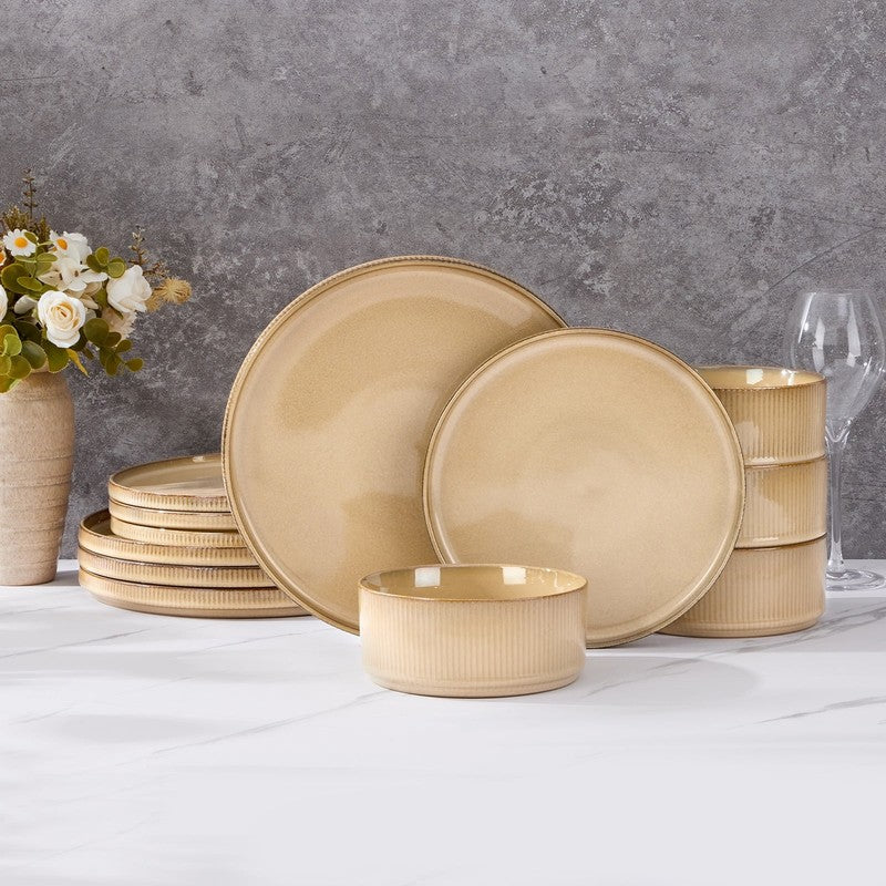 Dinnerware Set for 4, 12 Piece Stoneware Ribbed Dishes with Reactive Glaze, Cera1