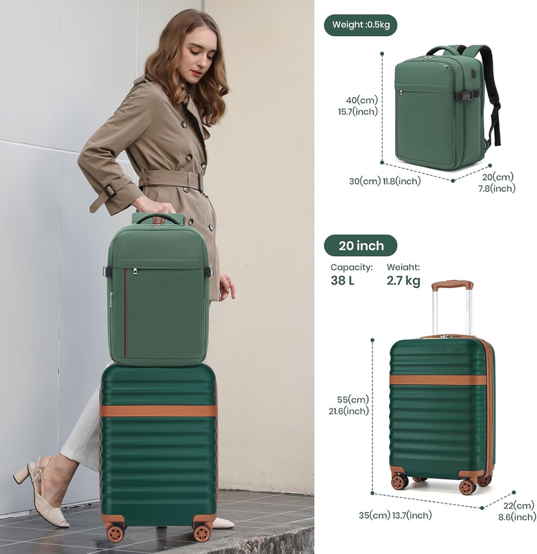 3pc Carry On Luggage Set TSA Lock Spinner Wheels Hardshell Green Brown1