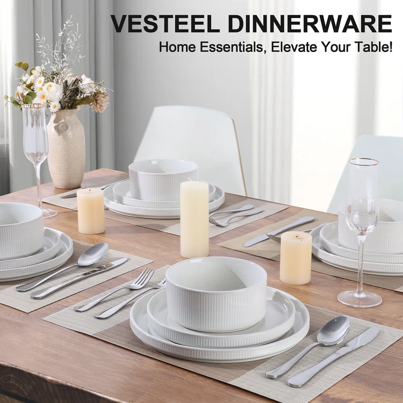 12Pc Stoneware Dinnerware Set for 4 Ribbed Plates Bowls Speckled White2