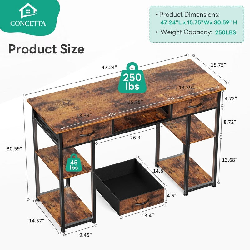 48" Small Desk w/ Fabric Drawers & Shelves Computer/Writing Desk Rust Brown3