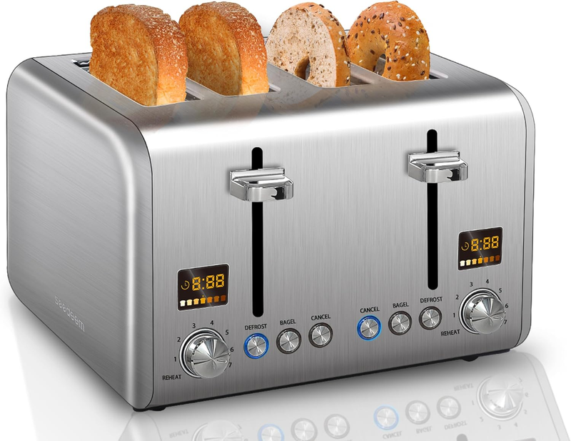 4 Slice Stainless Toaster Silver - LCD Display, 7 Shades, Bagel, Defrost, 1800W10