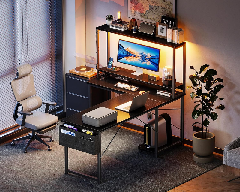 L Shaped Gaming Desk 53in LED Power Outlet Reversible Computer Desk Black7