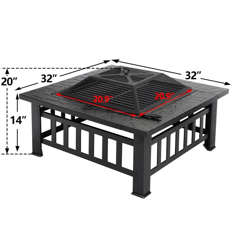 32" Outdoor Fire Pit Square Metal Firepit Patio Garden Stove Wood Burning1