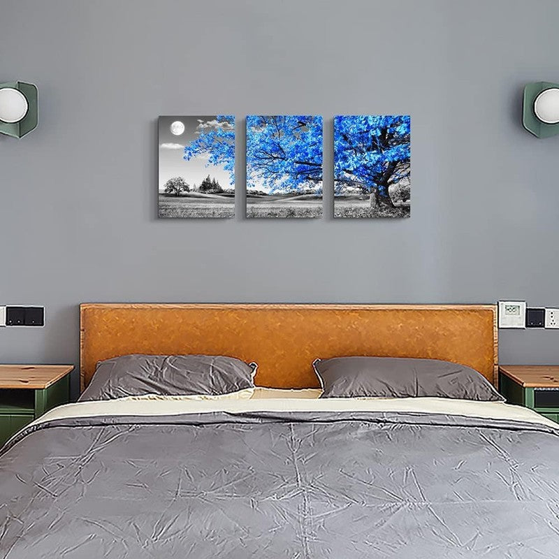 Black and White Blue Tree Moon Canvas Wall Art Set for Home Decor 12"x16"4