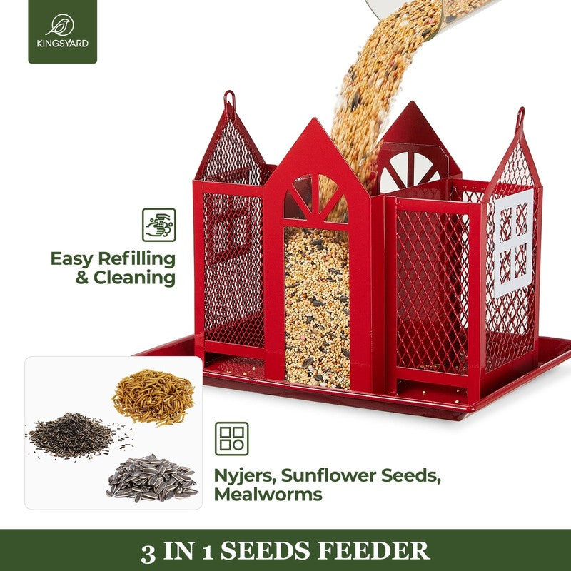 Red Metal Weatherproof Bird Feeder House, Triple Feeders for Finch & Cardinal3