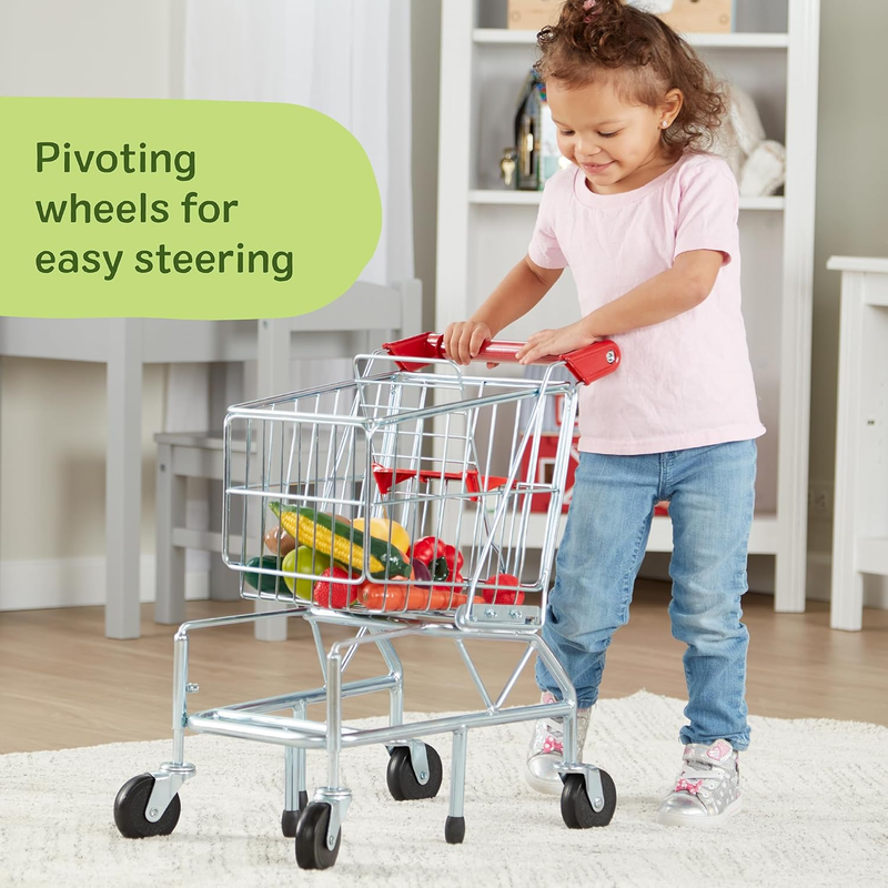 Toy Shopping Cart, Grocery Store Pretend Play Toys with Sturdy Metal Frame & Wor3