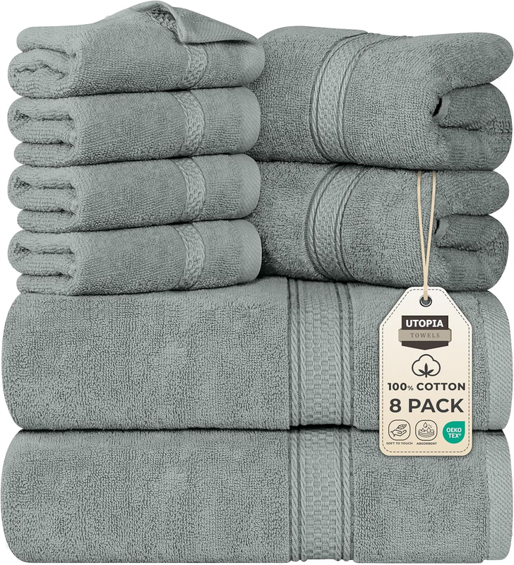 8 Piece Towel Set Cool Grey 100% Cotton 600 GSM Bath Hand Wash Towels8