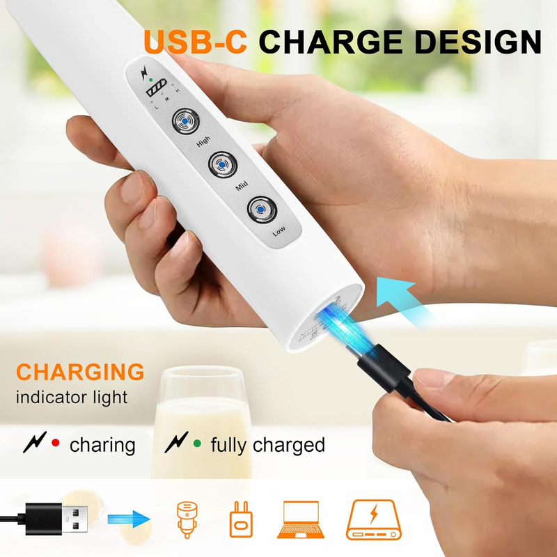 Milk Frother Handheld Rechargeable 3 Speed 3 Heads Coffee Whisk White1
