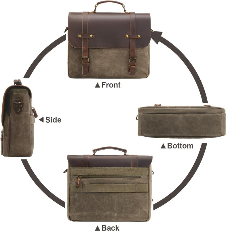 Mens Waxed Canvas Messenger Bag 16 Laptop Briefcase Leather Waterproof Satchel5