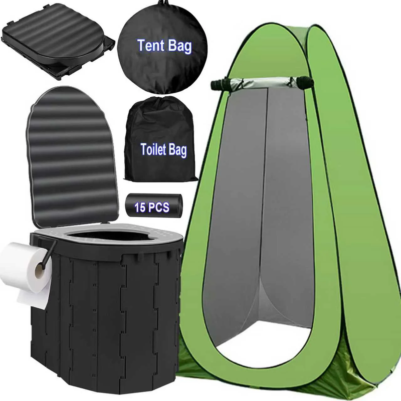 Portale Foldable Camping Toilet Set with Privacy Tent, Black0