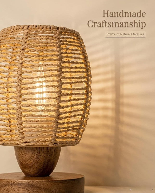 Rattan Table Lamp Boho Small Bedside Wicker Nightstand Wooden LED Lamp2