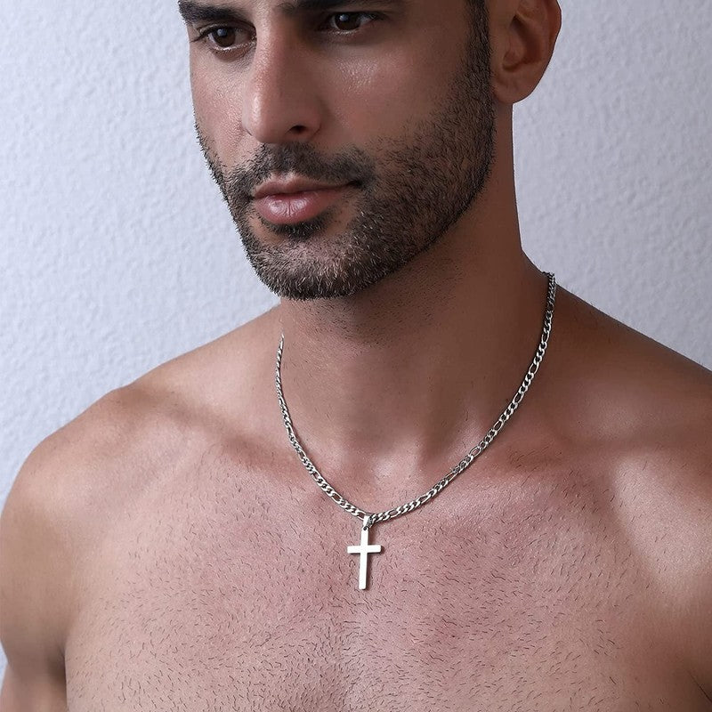 Layered Silver Cross Necklaces for Men Cuban Figaro Chain Set Gift for Dad4