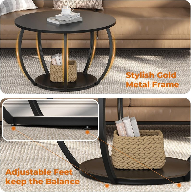 Round 2 Tier Coffee Table with Storage 27.6" Adjustable Feet, Black3