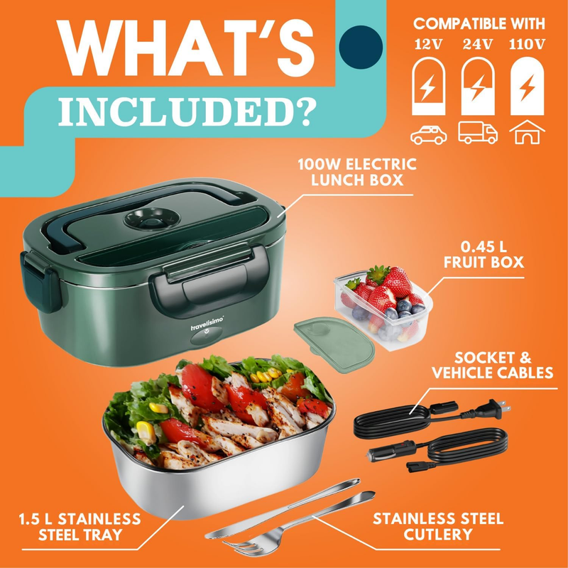 Electric Heated Lunch Box 100W 1.5L Stainless Steel Food Warmer Travel4