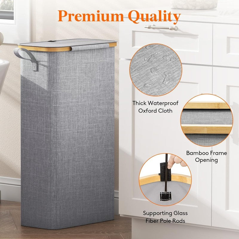 Slim 65L Laundry Hamper with Bamboo Handles, Foldable Basket with Lid, Grey5