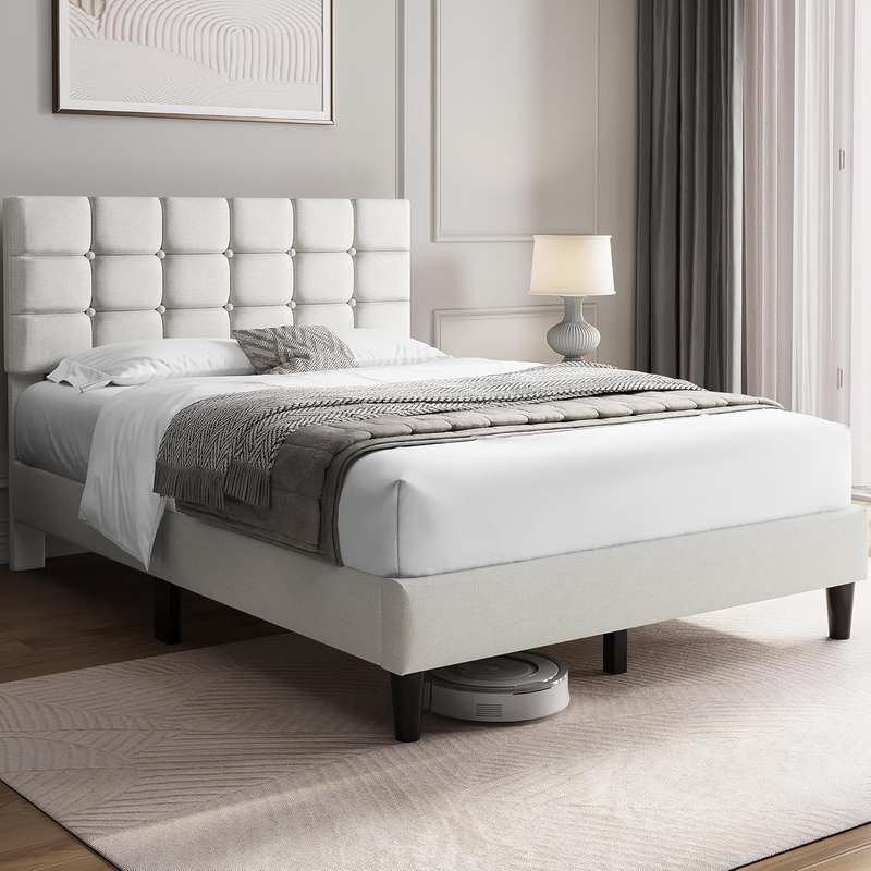 Upholstered Full Bed Frame Tufted Headboard Adjustable Wood Slats Beige Platform2