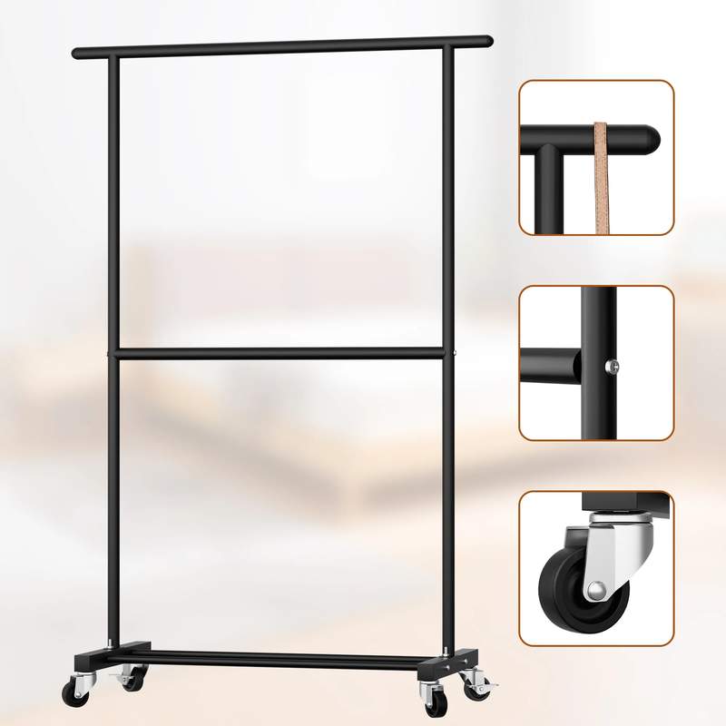 Freestanding Clothes Rack with Wheels Metal Clothing Rack with Shelves7