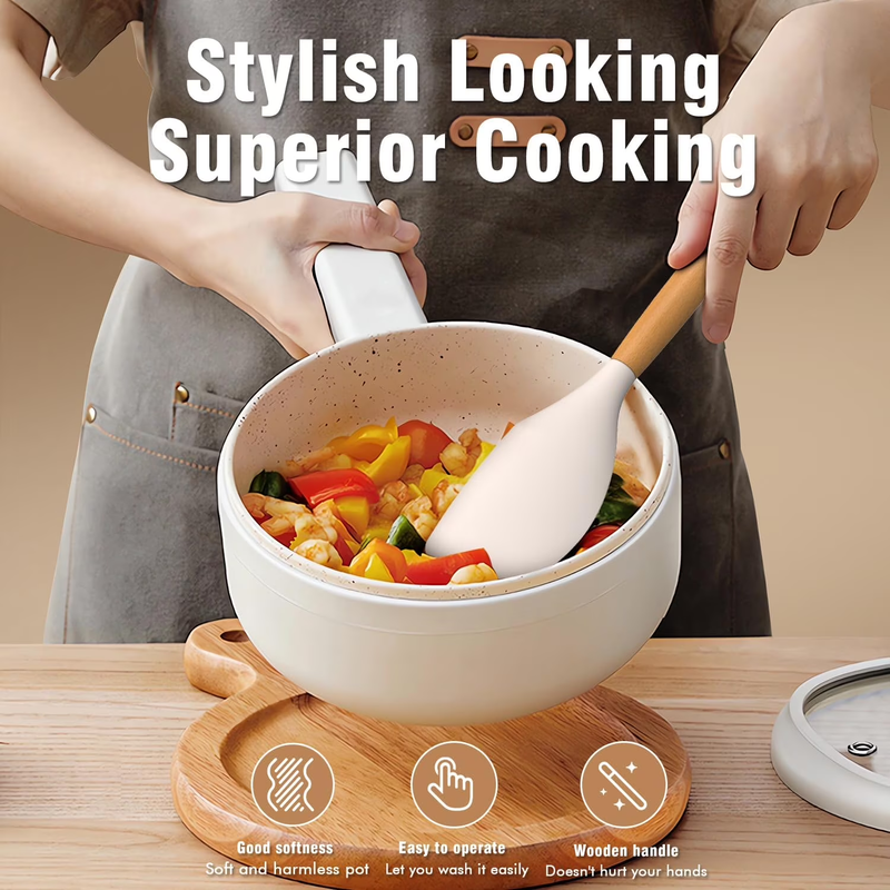 Silicone Kitchen Utensil Set Wooden Handle Holder Heat Resistant Khaki6