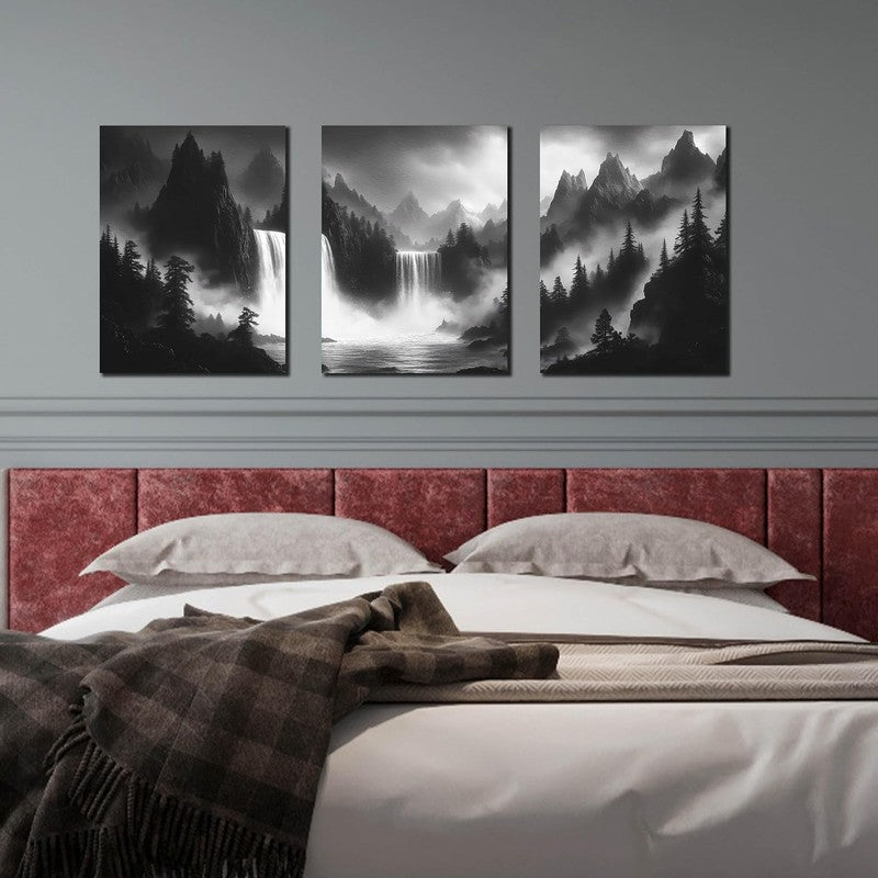 Foggy Forest 3-Piece Wall Art Set - Black & White Canvas Decor 12" x 16"1