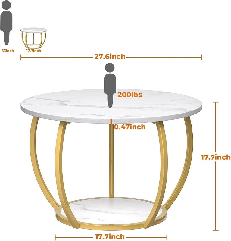 Round 2 Tier Coffee Table with Storage 27.6" Adjustable Feet, Marble1