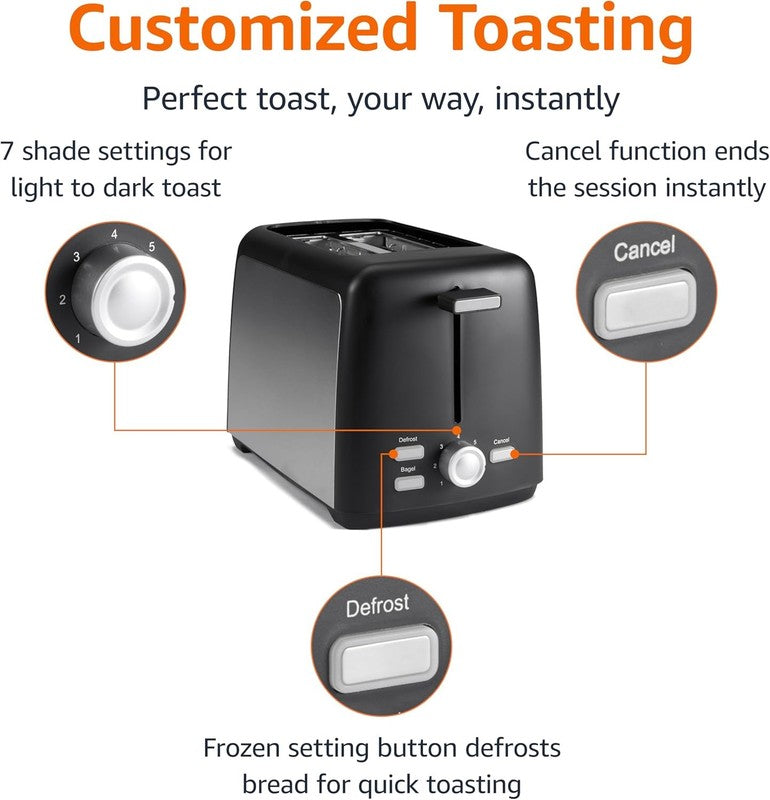 2 Slice Toaster Black & Silver - Wide Slots, 7 Shades, Bagel, Defrost, 800W1
