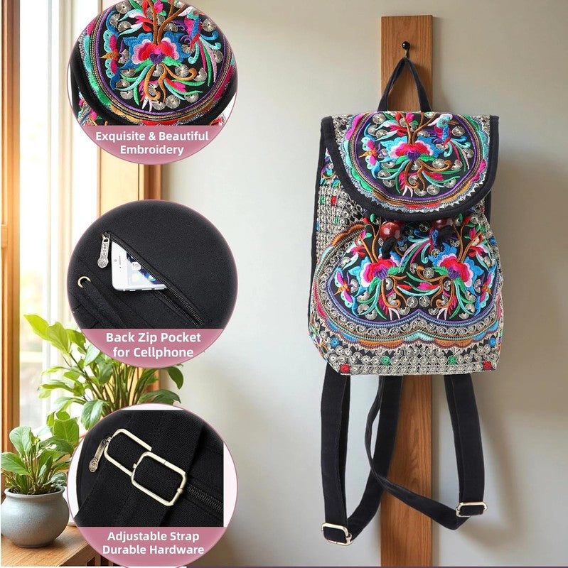 Women Embroidered Backpack Boho Floral Mini Travel Shoulder Bag Lightweight Red23
