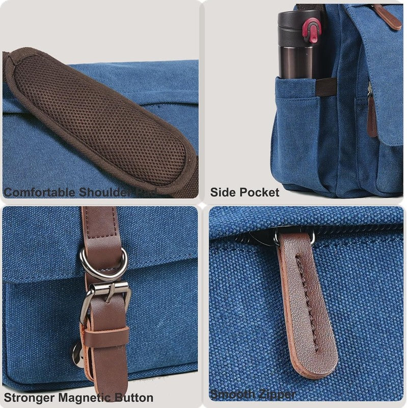 Canvas Messenger Bag 15.6" Laptop Travel Satchel Shoulder Bag Blue Unisex3