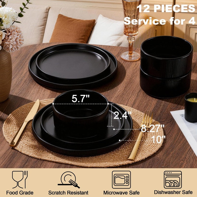Dinnerware Set for 4, 12 Piece Premium Stoneware Ribbed Dishes, Chip & Scratch R7