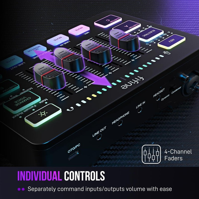 Gaming Audio Mixer RGB PC Mixer w/ XLR Mic Phantom Power Mute SC32