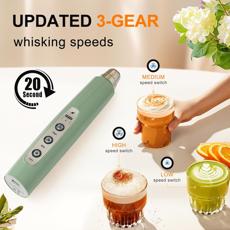Milk Frother Handheld Rechargeable 3 Speed 3 Heads Coffee Whisk Green1