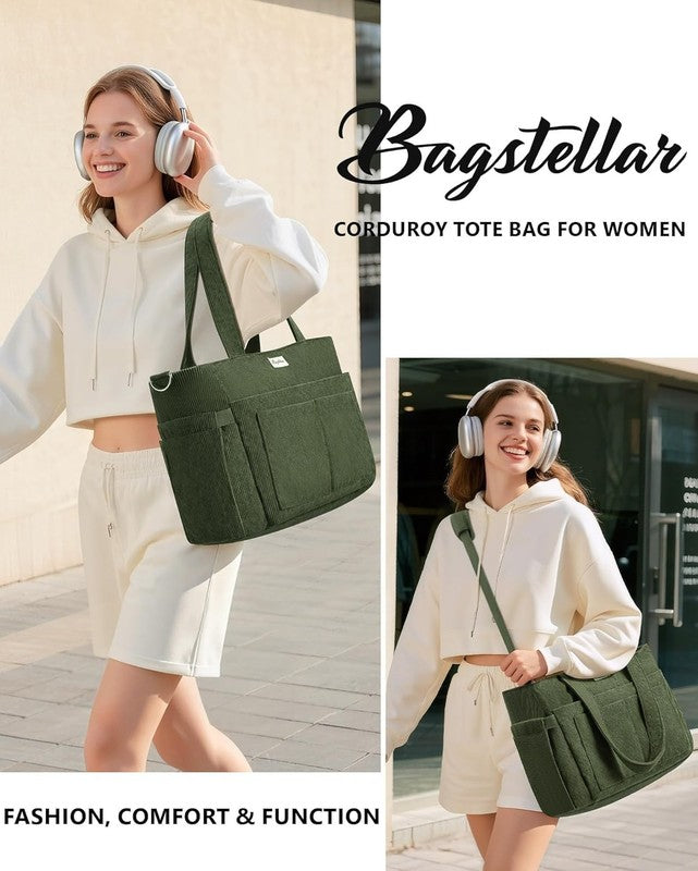 Women Corduroy Tote Bag 17 Pockets Laptop Work Travel Compartment Shoulder Bag7