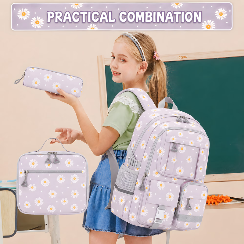 Kids School Backpack Set w/ Lunch Bag Pencil Case Gray Flower2