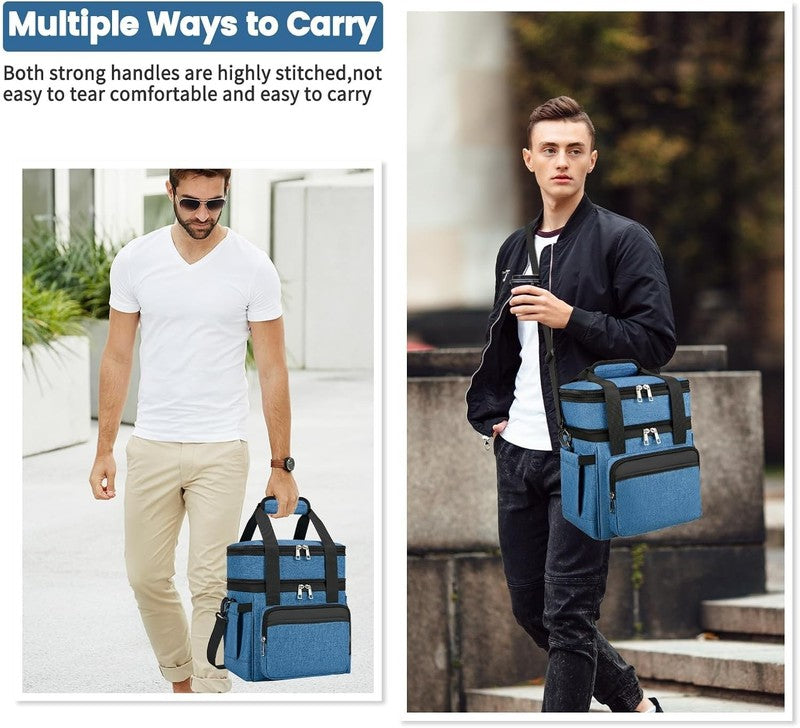 Insulated Lunch Bag & Box 15L Double Deck Reusable Cooler Tote Leakproof Blue1
