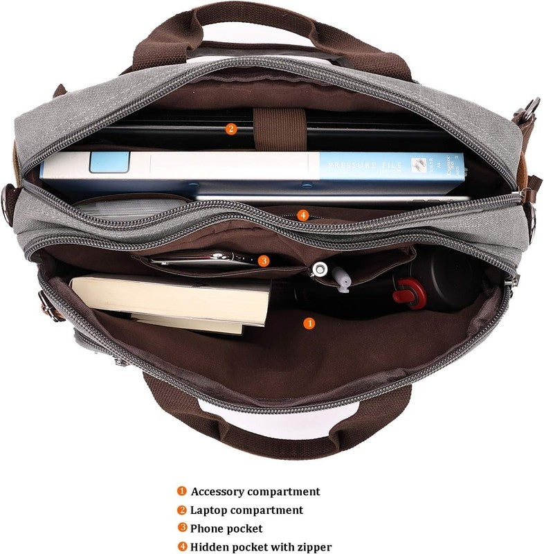 3 in 1 Canvas Laptop Bag 17.3 Inch Convertible Briefcase Multi Pocket Grey5