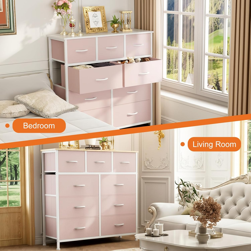 9 Drawer Fabric Dresser Storage Tower Steel Frame Wood Top Pink3