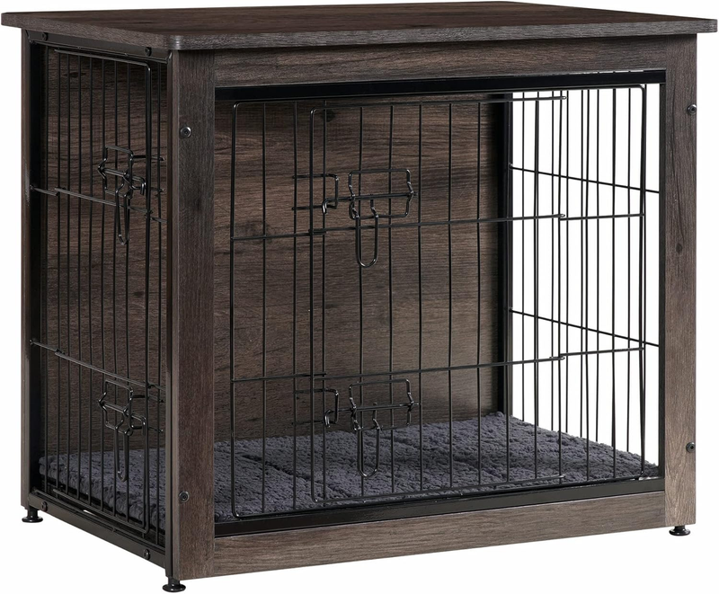 Dog Crate Furniture Table w/Cushion Wooden Kennel Double Door 27.2" Dark Gray10