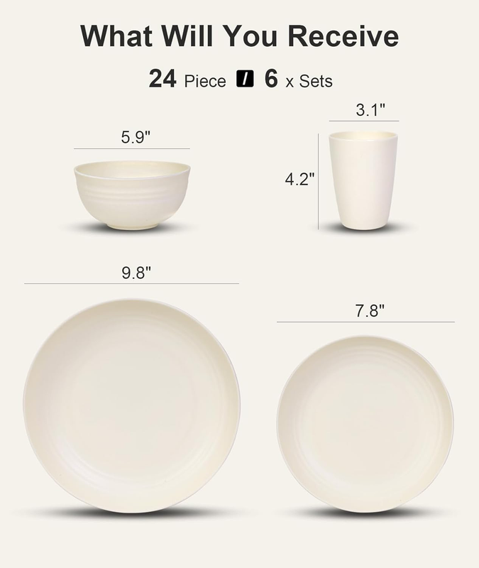 24 Piece Unbreakable Dinnerware Set Plates Bowls for 6 Camping Beige1