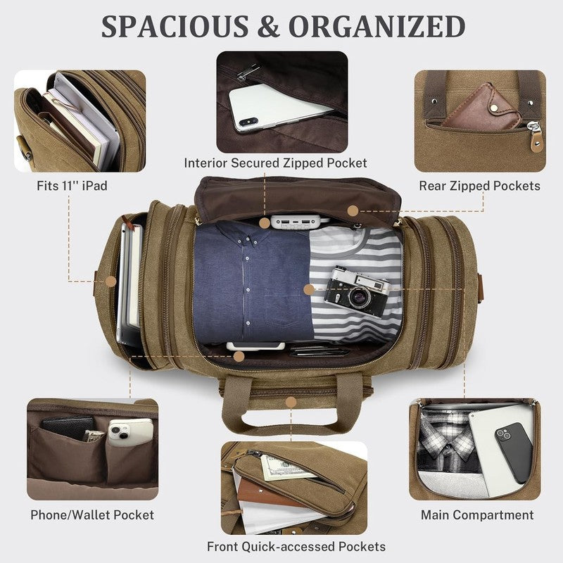 Canvas Duffle Bag for Travel 60L Duffel Overnight Weekend Bag(Coffee)3