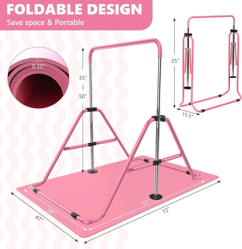 Kids Gymnastics Bar w/ Mat Foldable Adjustable Horizontal Gymnastics Equipment5