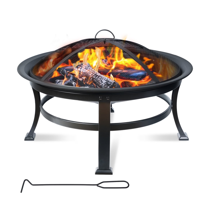 30 Inch Steel Wood Fire Pit with Spark Screen, Cover and Poker0