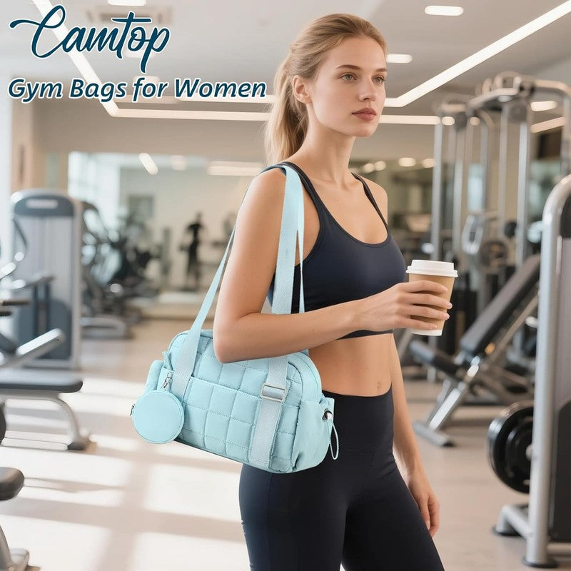 Mini Gym Bag Women Quilted Duffel Wet Compartment Coin Purse Blue 12.6"5