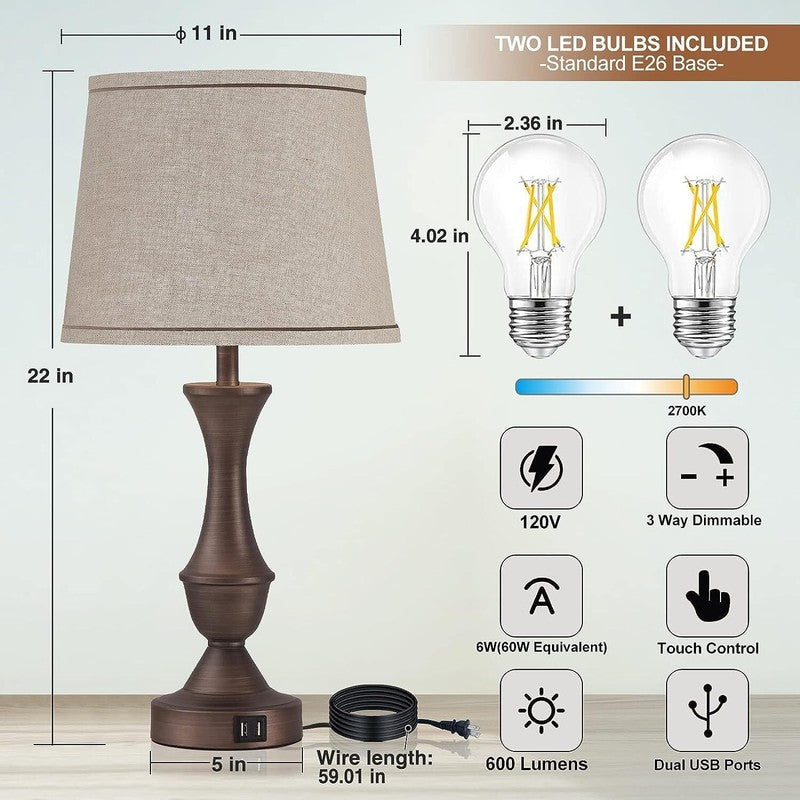 Set of 2 Touch Table Lamps w/ USB 3 Way Dimmable Nightstand Lamps Bulbs Included2