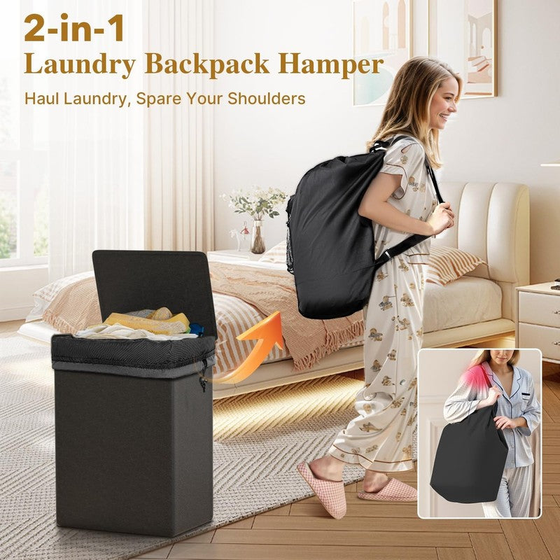 60L 2-in-1 Laundry Hamper Backpack with Lid, Waterproof Basket for College Dorm1