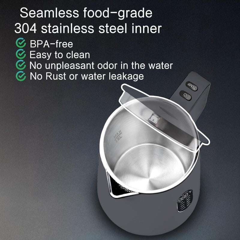 Electric Kettle 1.5L Stainless Steel Double Wall 5 Keep Warm Gray BPA Free5